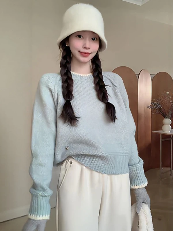 

Свободный женский свитер с круглым вырезом, мягкий, удобный, вязаный, в стиле колор-блок, осенне-зимний, новый, повседневный, модный, для ношения под одеждой