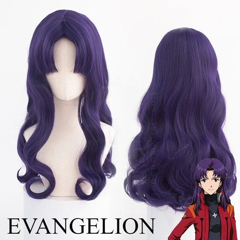 

EVANGELION Katsuragi Misato Cosplay Wig with Bangs Synthetic Curly Hair EVA Anime Role Long Heat-Resistant Purple Wig For Women