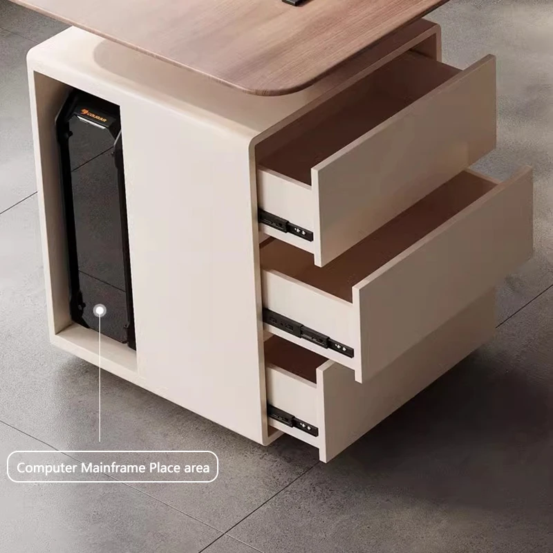 مكتب زاوية خشبي مستدير على الموضة الحديثة مع خزانة تخزين بأدراج، مكتب كمبيوتر، طاولة كتابة معاصرة للمكتب المنزلي #5