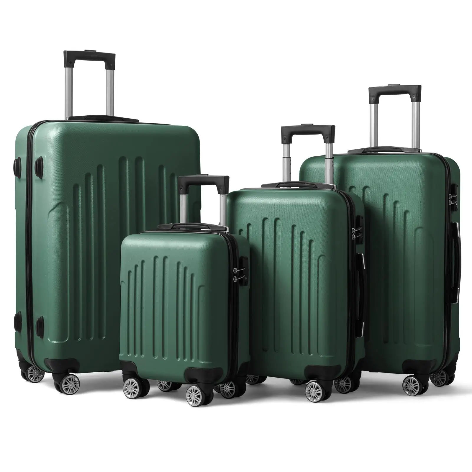 4-in-1 Trolley Case with Curved Vertical Stripes - Retro Green Travel Luggage