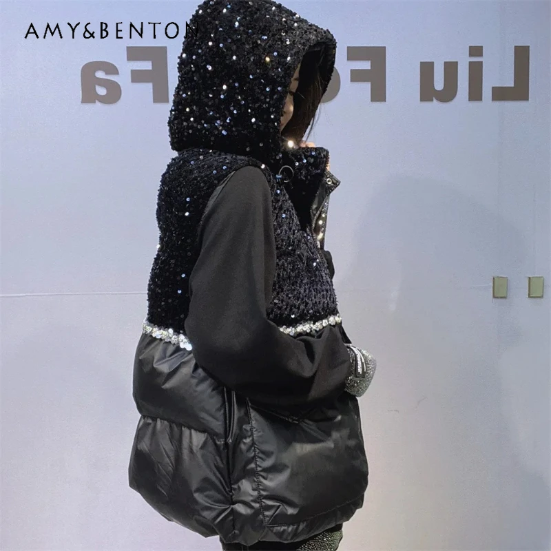 

Warm Oversized Sequin Vest Coat Winter Loose Padded Zipper Cardigan Korean Fashion Y2k Hooded Jacket Waistcoat Women's Clothes