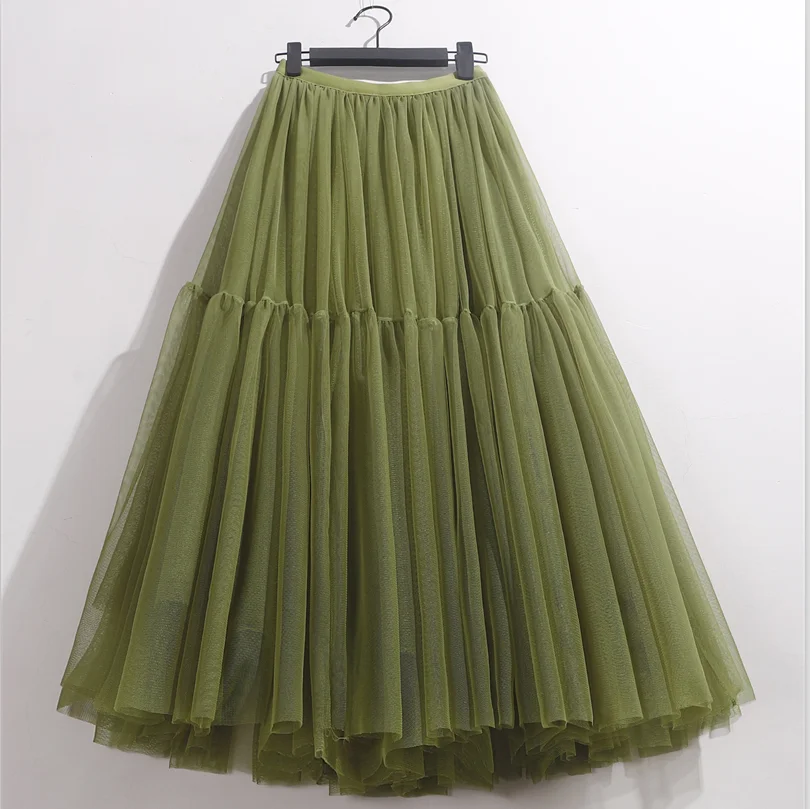 2026 New Spring Summer Women Skirts England Style Elegant Loose Long Skirt High Waist Solid Color Ruffles A-Line Mesh Skirt