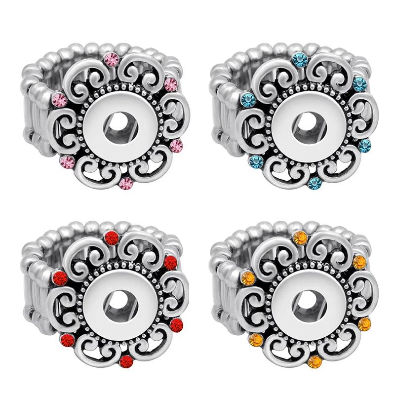 Flowers Style Hollow Pattern Colorful rhinestone elastic 12mm snap Ring fit 12mm snap buttons Jewelry DIY accessories JZ0010