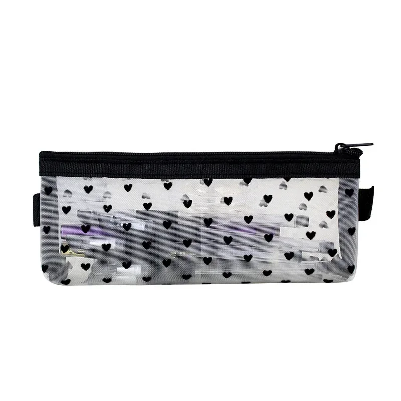 Mesh Cosmetic Makeup Bags Case Holder Cute Transparent Zipper Black Heart Printed Pencil Pen Case Pouch Convenient To Carry