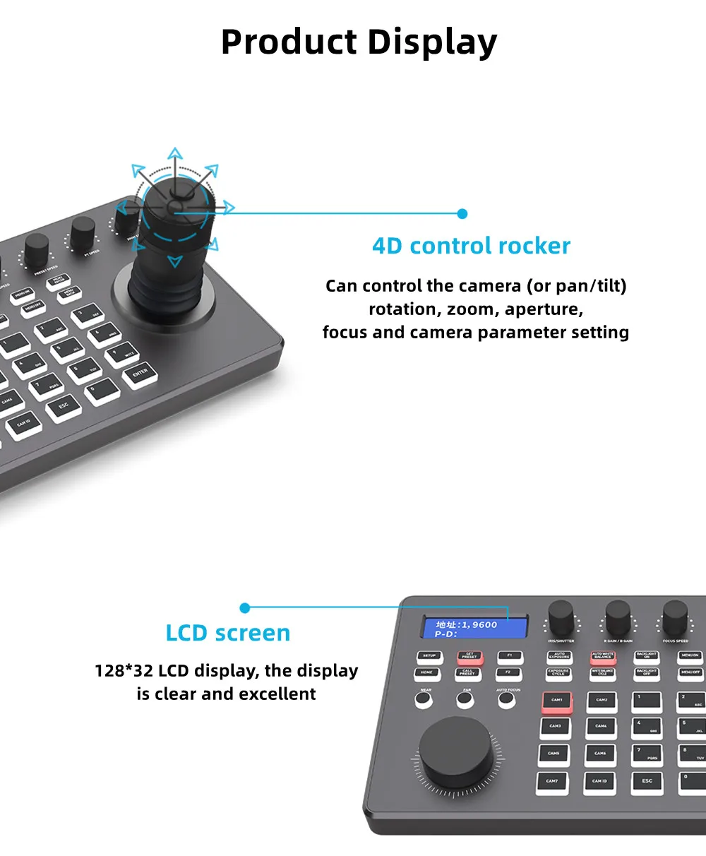 NDI PTZ Camera Joystick Controller POE 4D Rocker LCD PTZ Controller Keyboard with Tally Light for Broadcast Church Live Stream