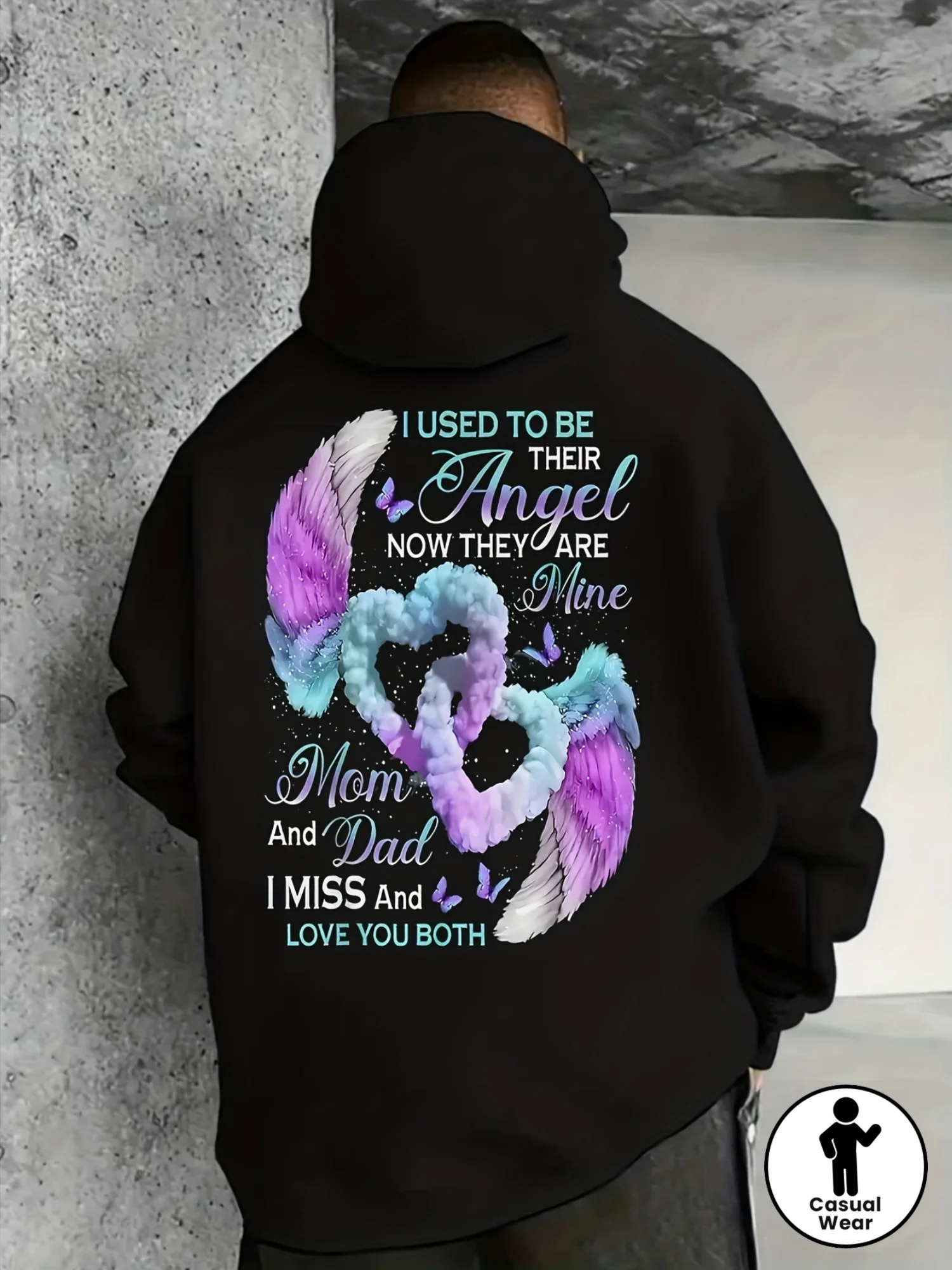 Unisex Angel Heart Pattern Hoodie - Classic Black Pullover with Kangaroo, Butterfly, and Angel Wing Designs, 