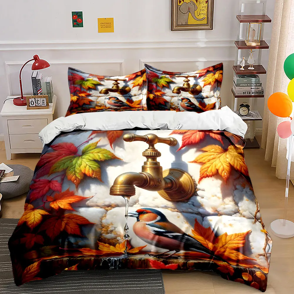 Bird drinking under autumn tap Printed Duvet Cover Set 1 Duvet Cover+2 Pillowcase Multi Size Bedroom Bedding Decor
