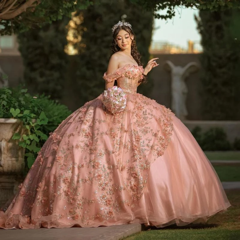 

Mexican Pink Quinceanera Dresses Ball Gown Off The Shoulder Sequins Applique Lace Beaded Crystal Tull Sweet 16 Vestidos De XV 15