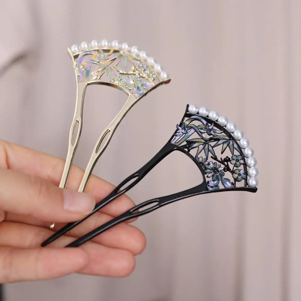 

Cute Pearl Fan Hair Stick Hollow Chinese Style Hanfu U Shape Hairpin Hair Accessories U-shaped Cheongsam Accessories