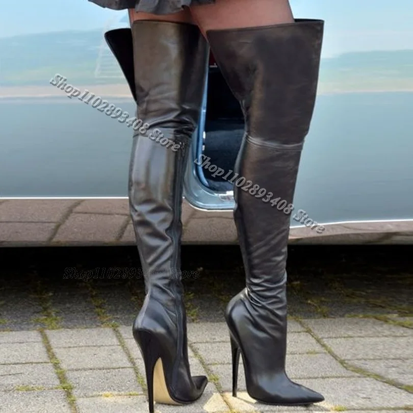 Black Leather Over Knee Boots Stiletto Heels Side Zipper Pointed Toe British Style Party Casual Women Boots Zapatos Para Mujere