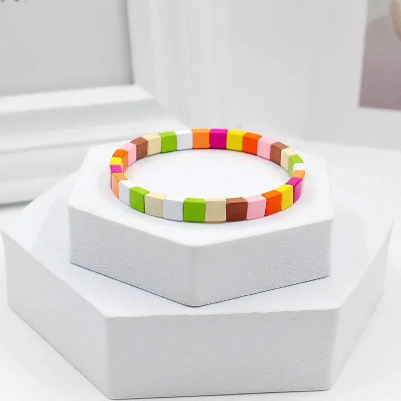 DIY Enamel Macaron Fashion Women\'s Bracelet Bohemian Square Rainbow Elastic Bracelet Bangle Stacking Jewelry Accessories