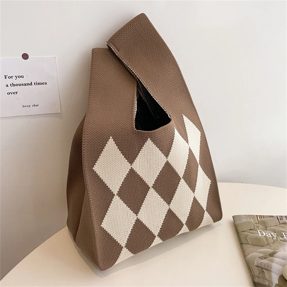 Wide Striped Plaid Handmade Knitted Handbag Women Casual Tote Bag Mini Knot Wrist Bag Student Reusable Shopping Bags