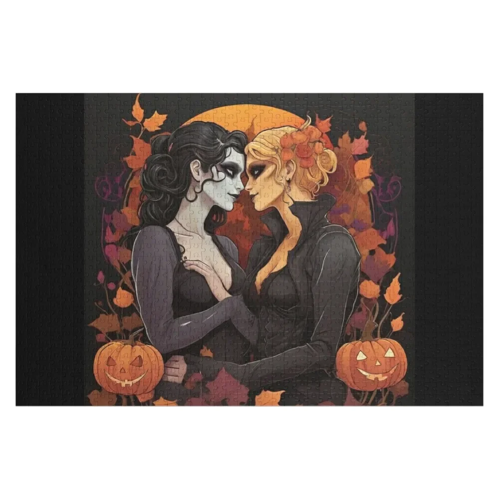 Sapphic Halloween Romance Among Autumn Leaves Jigsaw Puzzle Customizable Gift Wooden Adults Custom Wooden Gift Children Puzzle