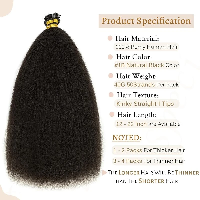 Kinky Straight I Tip Hair Extensions Real Human Hair 100% Brazilian Virgin Hair Itip Human Hair Extensions For Women 50 Gram #1B