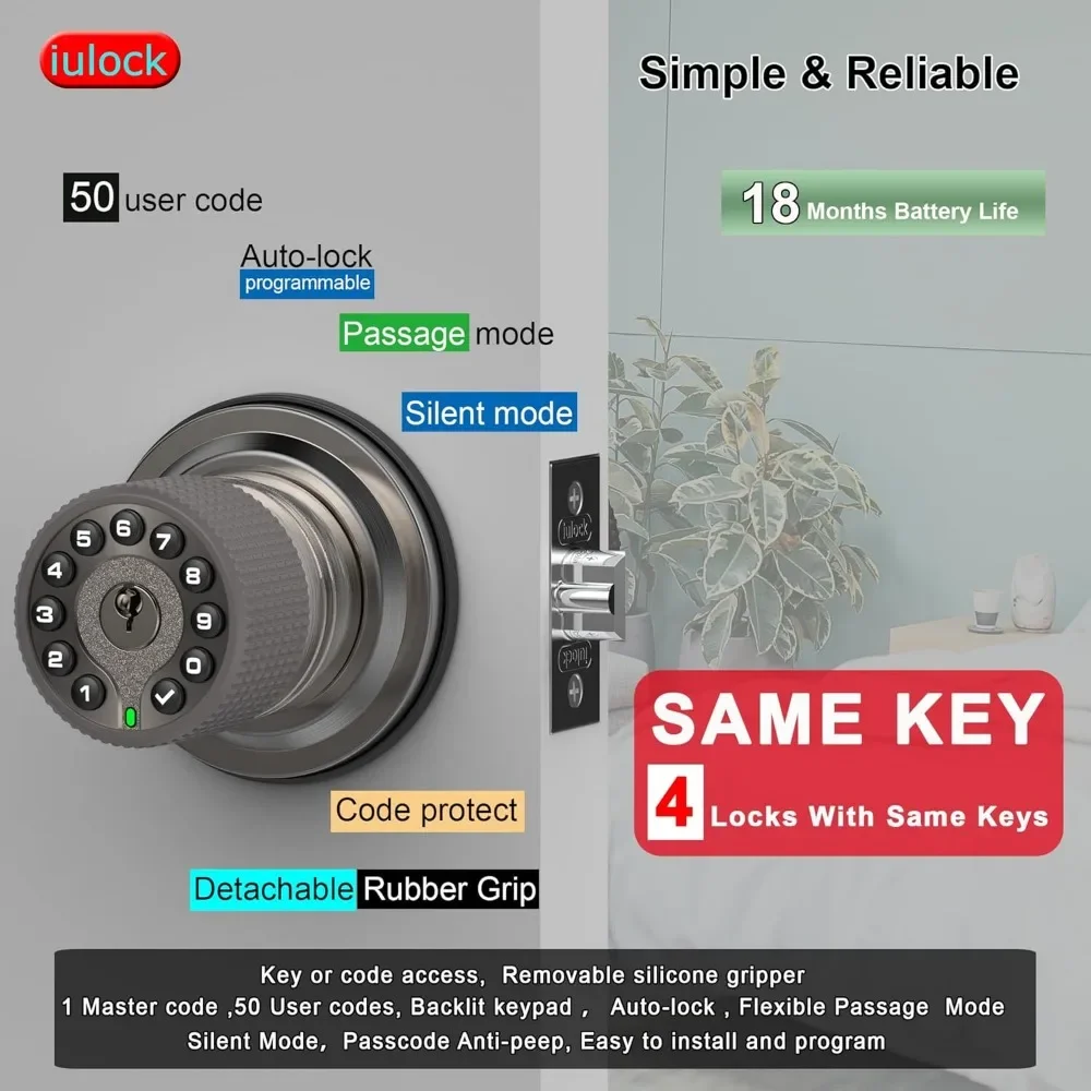 Smart Door Knob with Keypad and Key,Keyless Entry Door Lock with Rubber Grip, Auto Lock,50 User Code,Waterproof, Easy to Install