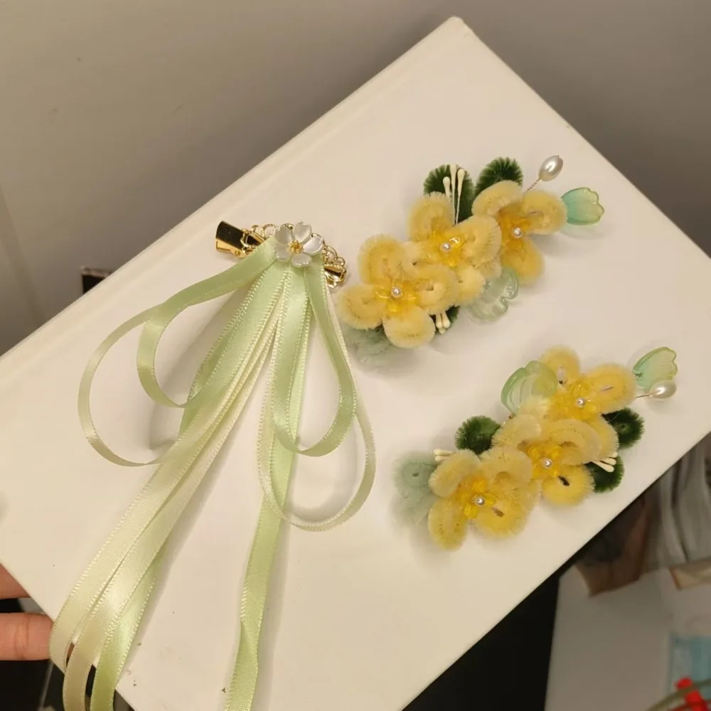 Simple Floral Yellow Flower Hairpin Ribbon Bowknot Chinese Style Hair Clip Hanfu Accessories Cute Long Streamer Barrettes Female