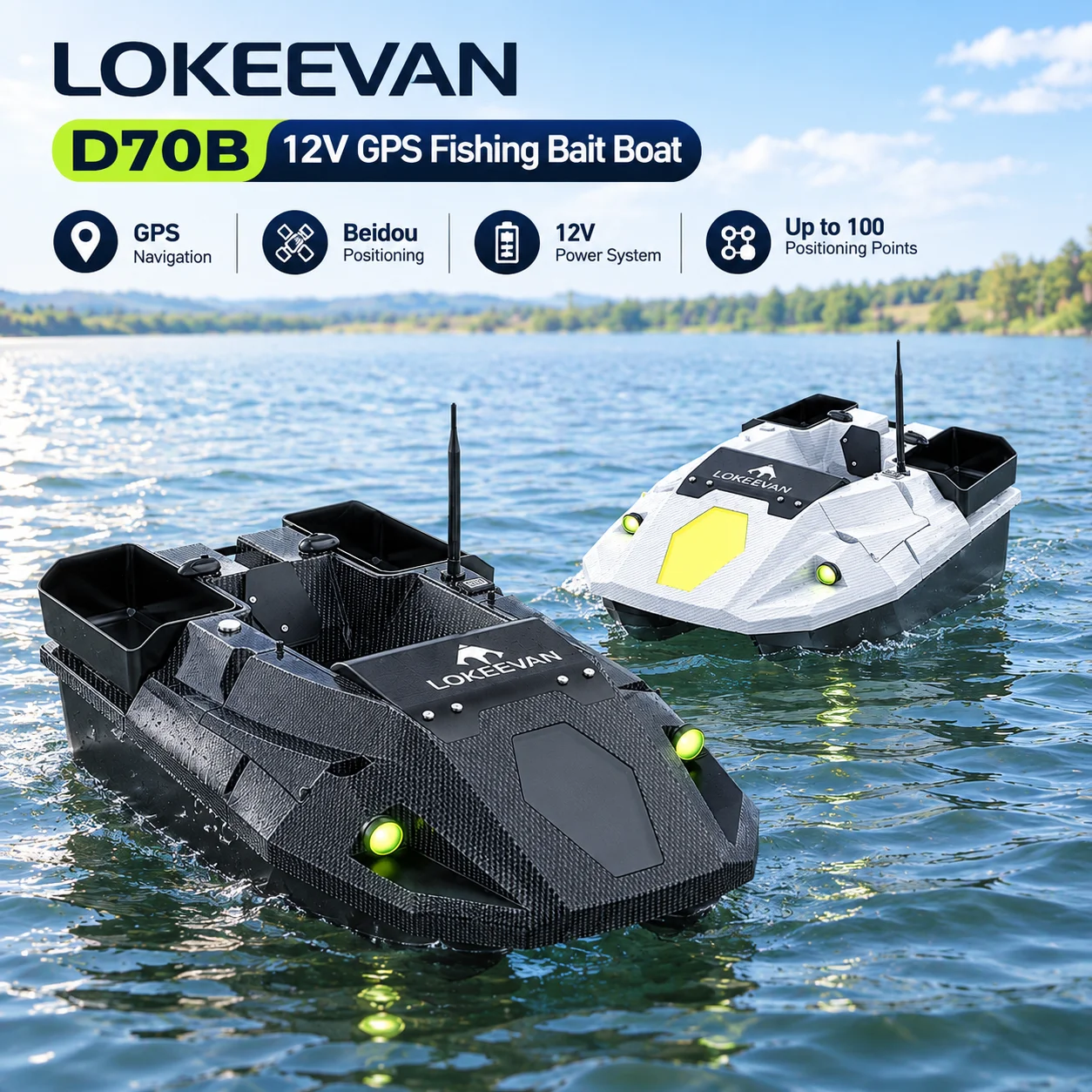 LOKEEVAN12V D70B Barca da pesca con GPS e esche, controllo remoto, doppia batteria da 15600 mAh, posizionamento a 100 punti, portata del telecomando 500 m, serbatoio extra-large a 3 scomparti, sistema