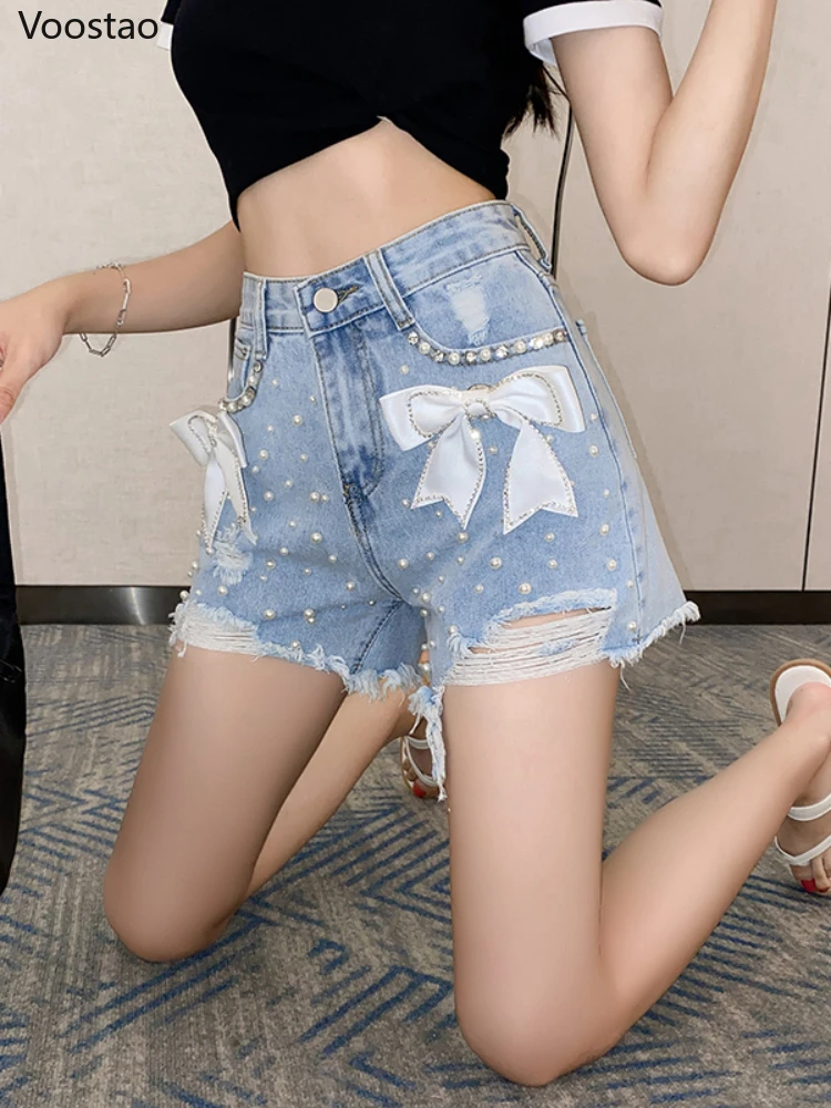 Sweet Lolita Style Denim Shorts Summer Women Harajuku Chic Bow Pearl Short Pants Female Sexy High Waist Hole Y2k Hip Hop Jeans