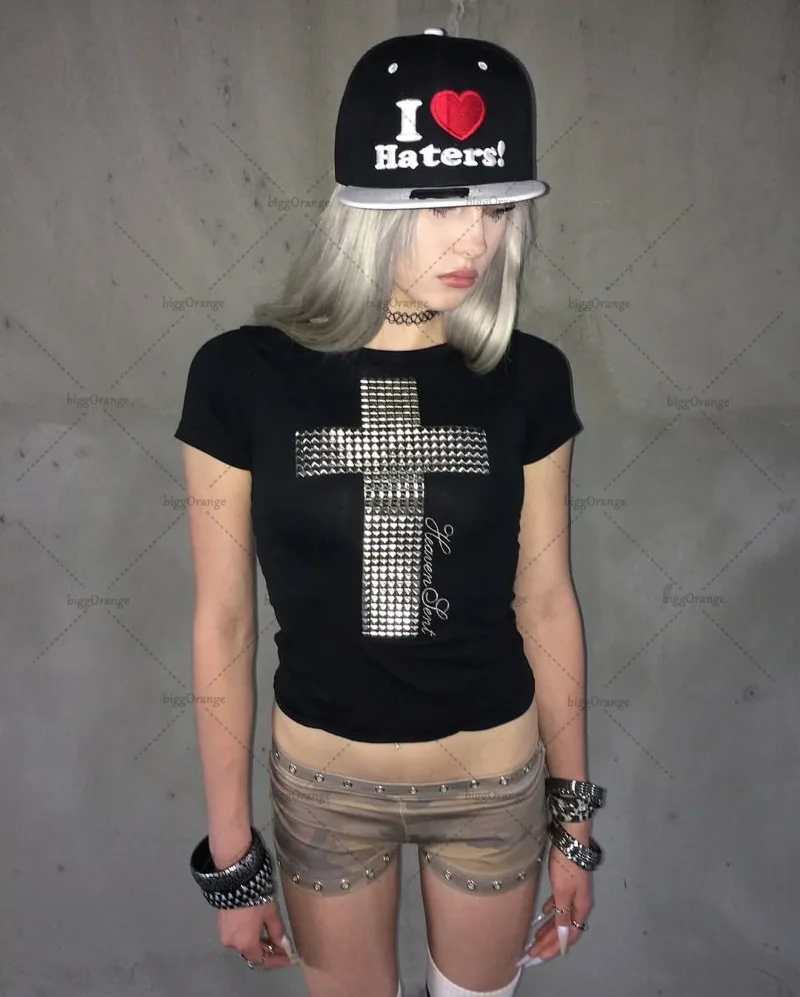 

Sexy Hip-hop Harajuku Retro Casual Pure Cotton T-shirt Women Y2K 2025 Versatile Punk Rock Trendy Brand Vintage Top Streetwear