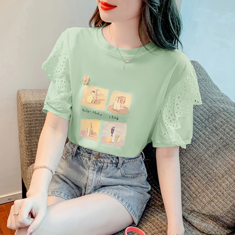 Cotton White Woman Tshirts O-neck Short Sleeve Ruffles Sweet T-shirt 2023 Shirts for Women Loose Casual Korean Tees Tops Female