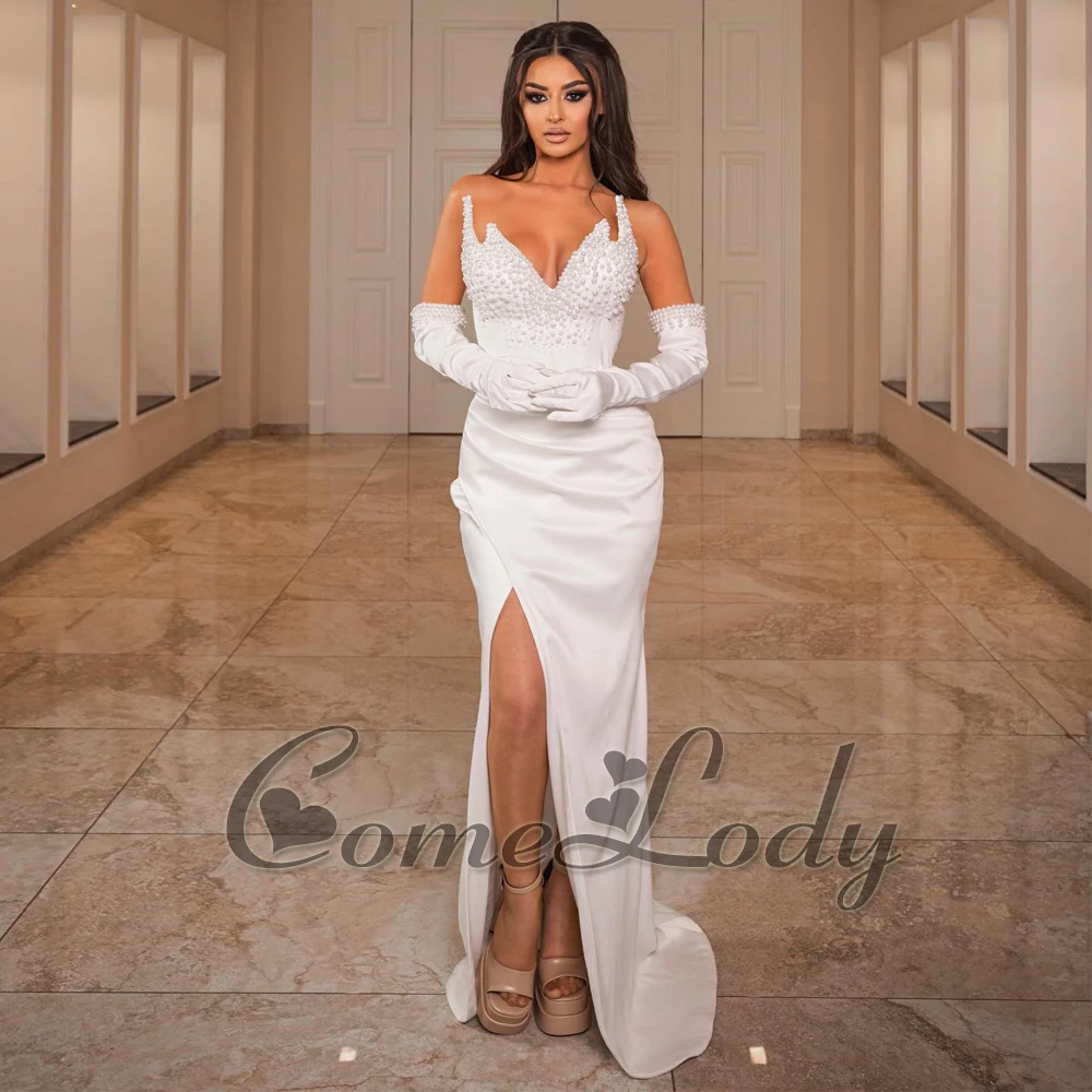 

Comelody Charming Trumpet Prom Dresses for Women Pearls Strapless High Slit Brush Train V-neckline Saudi Arabric Drop Shipping