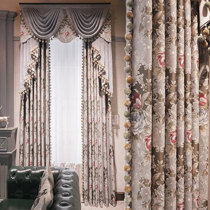 

Custom curtain luxury room American vintage Chenille jacquard thick beige cloth blackout curtain tulle valance drape C1510