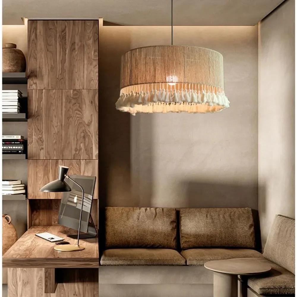 JOYINLED 50cm Pendant Lights Retro Hemp Rope Cotton Fringes E27 Ceiling Hanging Lamp Wabi-sabi Style Semi-Flush Mount Chandelier