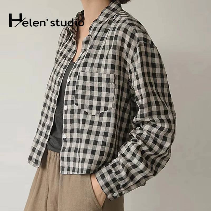 

Women's Retro Cotton Linen Plaid Blouses And Shirts Spring New Long-Sleeved Casual Linen Shirts