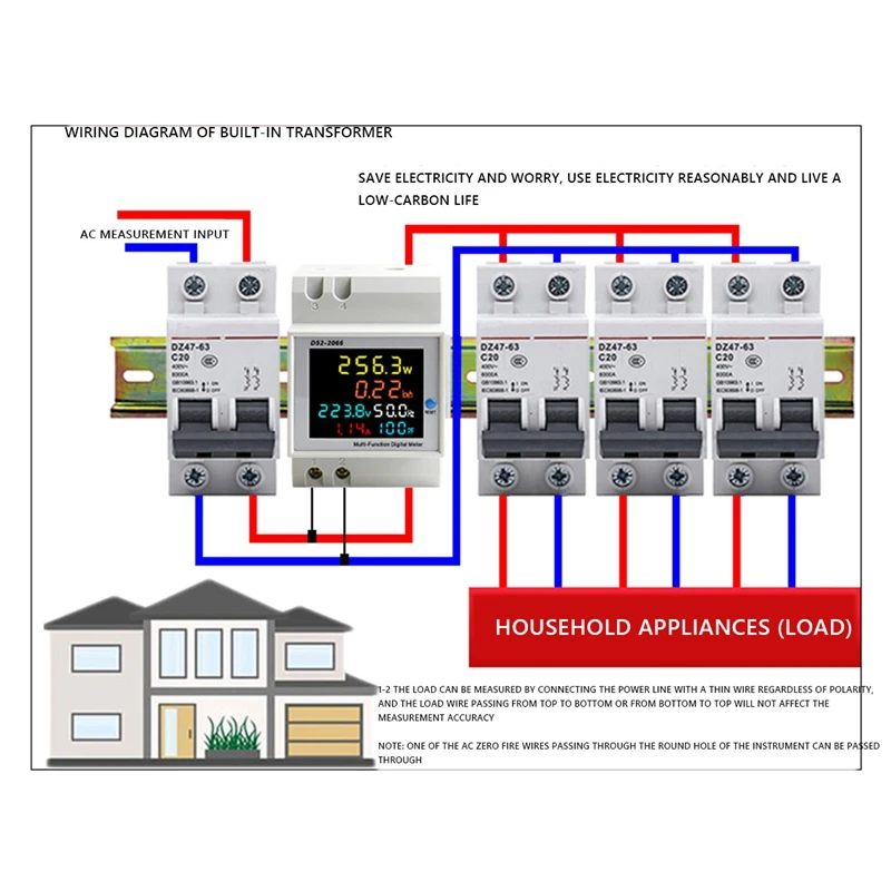 Din Rail AC Monitor 6IN1 100A Voltage Current Power Factor Active KWH Electric Energy Frequency Meter VOLT AMP