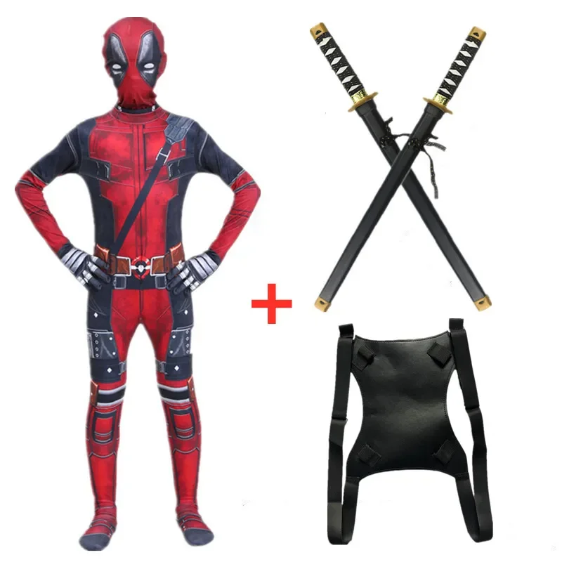 

Child Deadpool Cosplay Jumpsuit Movie Hero Character Mask Bodysuit Dagger Toy Set Halloween New Year Costume with Sword Bag Gift