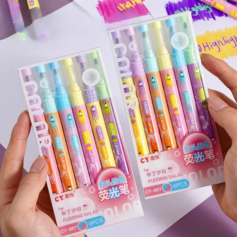 

6Pcs Double Headed Highlighters Pen Pastel Fluorescent Markers Drawing Pen Art Student Reading Making Stationery