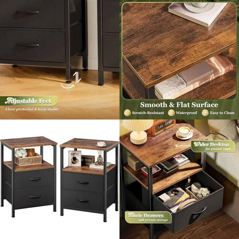

Pair of Rustic Nightstands: 2-Drawer Wooden Bedside Tables with Open Shelves, Fabric Drawers, for Bedroom in Brown and Black