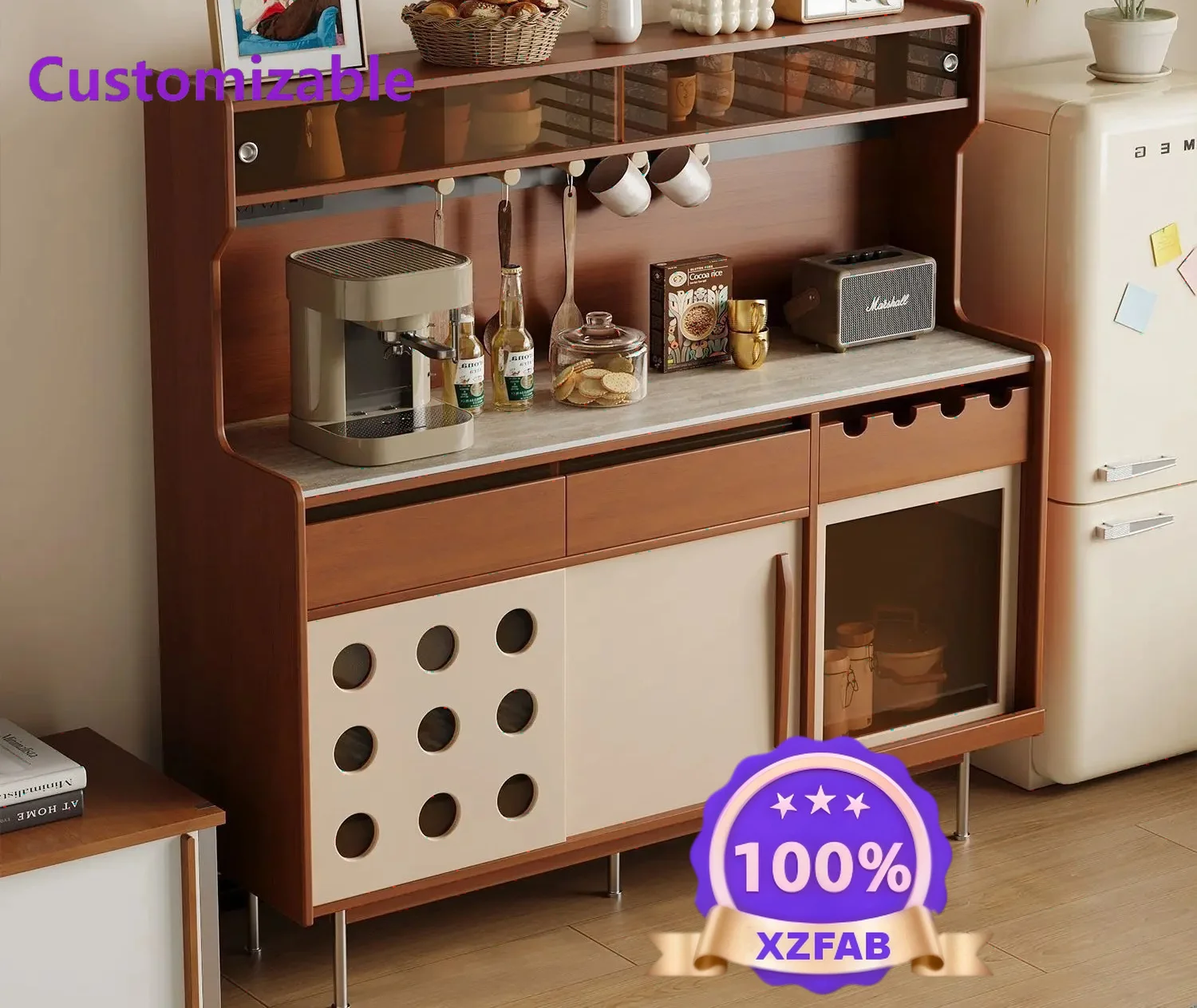Factory Direct 2026 Medieval style solid wood sideboard Modern polka dot elements are integrated against the wall
