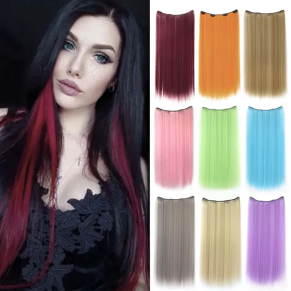 Extensión de clip lacia colorida de 22 pulgadas para mujer, postizo sintético largo, resistente al calor, fácil de usar, para diario o festival 5