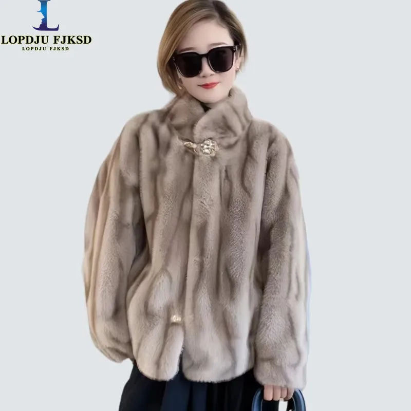 Faux Mink Fur Coats for Women,Covered Button Jackets,Female Overcoat,Thicken Warm Clothes,O-Neck,New,Winter