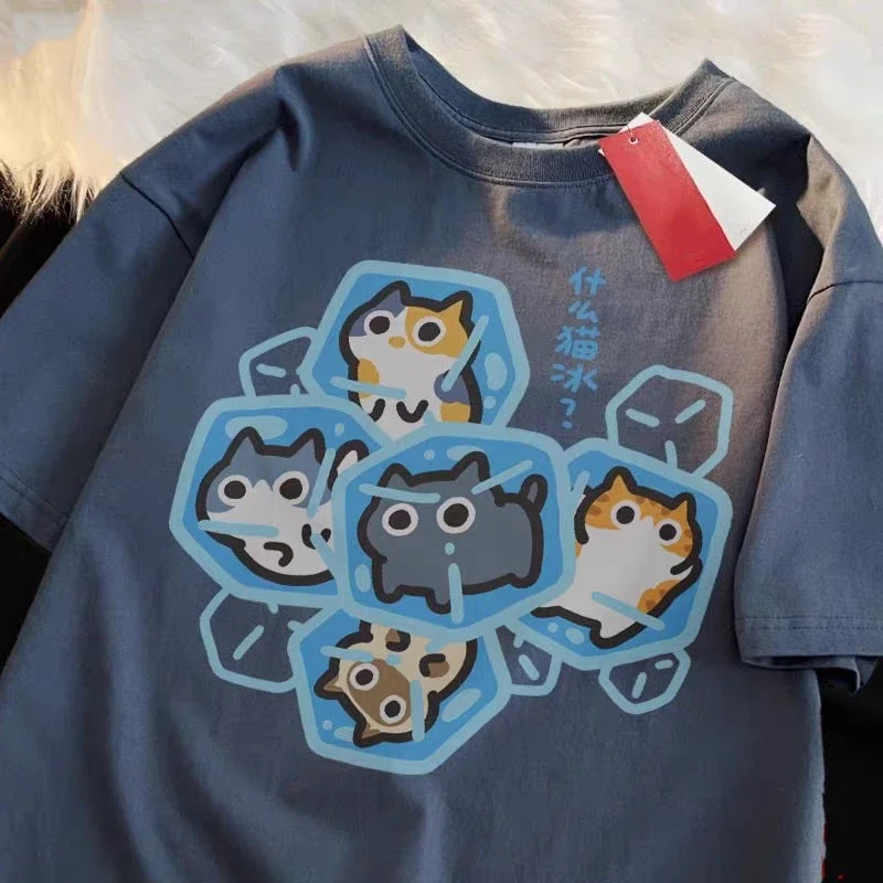 

Summer Cute Cartoon Ice Cube Cat Print Boy Girl Short-sleeved Top Children Harajuku T-shirt Large Size