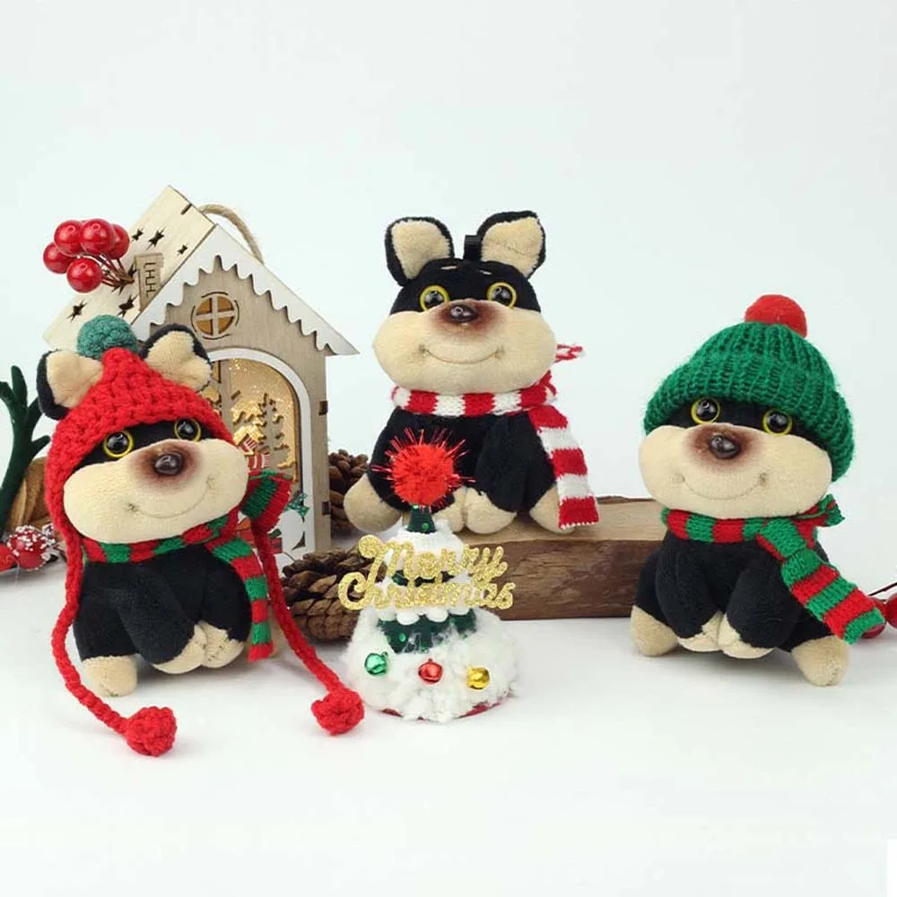 부드러운 크리스마스 봉제 인형, 활 꽃 꿀벌 강아지 키체인, 스트라이프 스카프, 니트 모자, 창의적인 강아지 펜던트, 가방 참