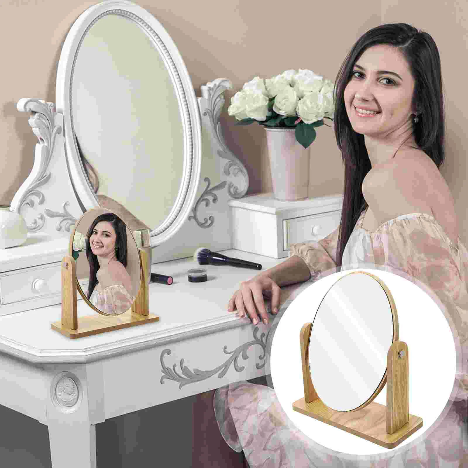 

Vintage Decor Wooden Vanity Mirror Desk Tabletop Portable Swivel Makeup Dresser Woman