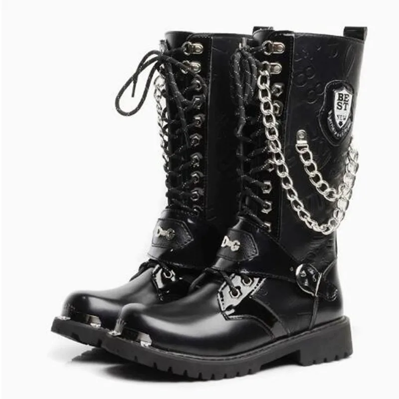 Luxury Men Motorcycle Boots Mid-calf Breathable Combat Boots Gothic Belt Punk Botas Hombre Shoes Hightop Casual Steel Toe Shoes