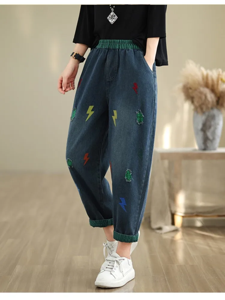 Jeans Cartoon Print Mode Dames Broek Herfst Elastische Hoge Taille Harem Broek Vrouwen Casual Losse Vrouw Oversized Broek