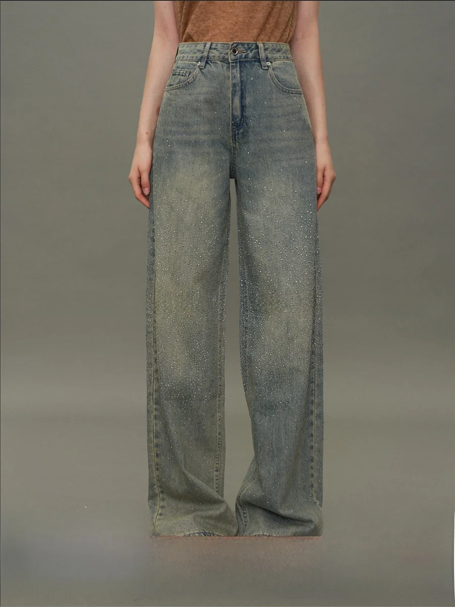 

Джинсы женские прямые из хлопка с блестящими стразами и бриллиантами в стиле Парижский шик, модные, высококачественные, с эффектом мерцающих звезд