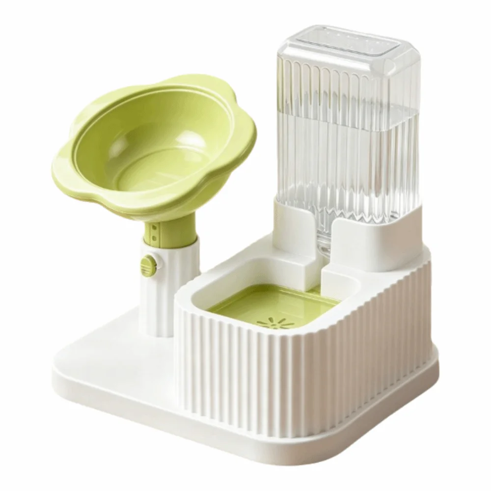 Adjustable Height Cat Water Food Bowl Stainless Steel 2-in-1 Pet Bowl Neck Protection Non-Slip Automatic Water Dispenser