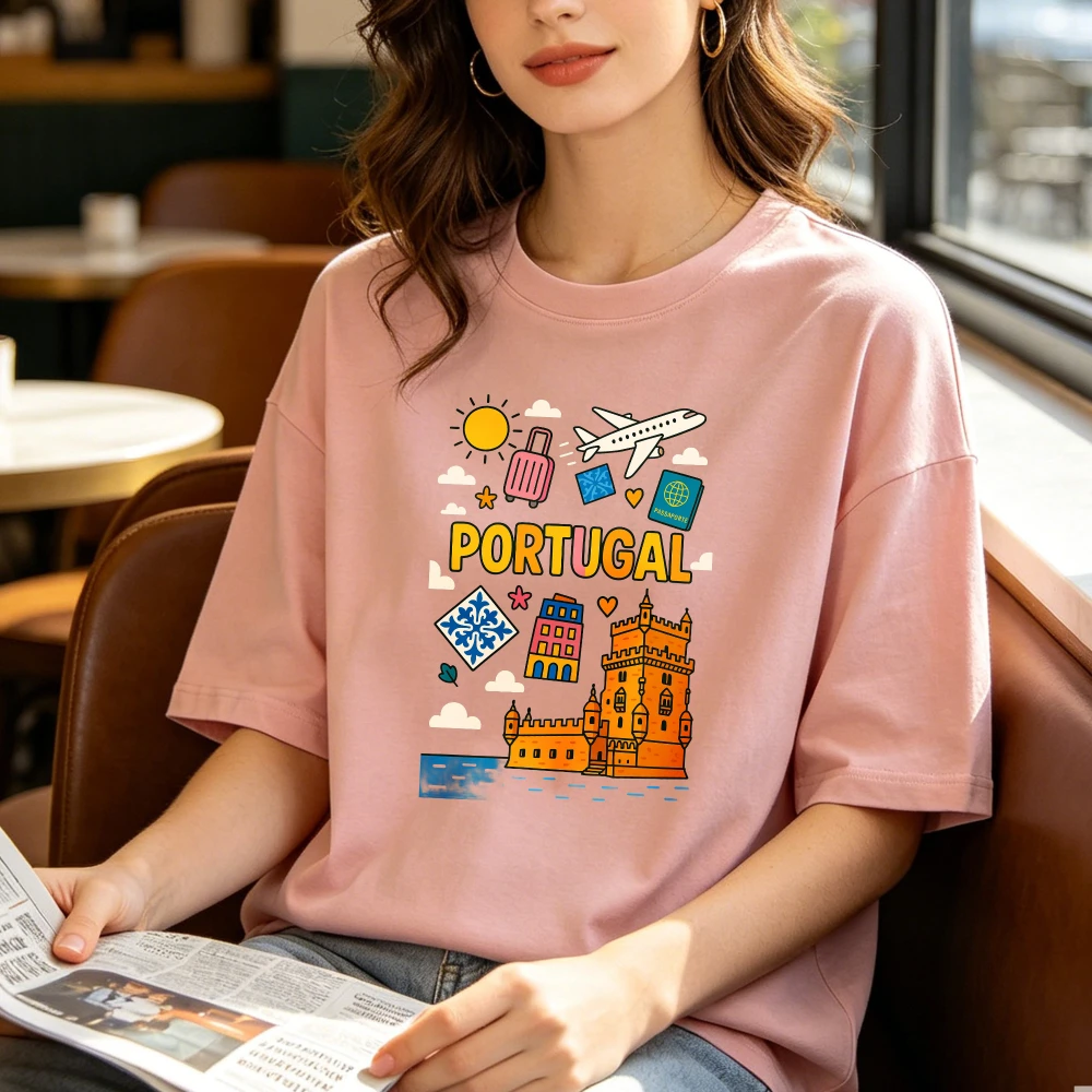 Portugal Travel Sticker Graphic Tee Lisbon Castle Plane Passport Vacation Souvenir Women Men Cotton Tops Y2k Streetwear Tshirt