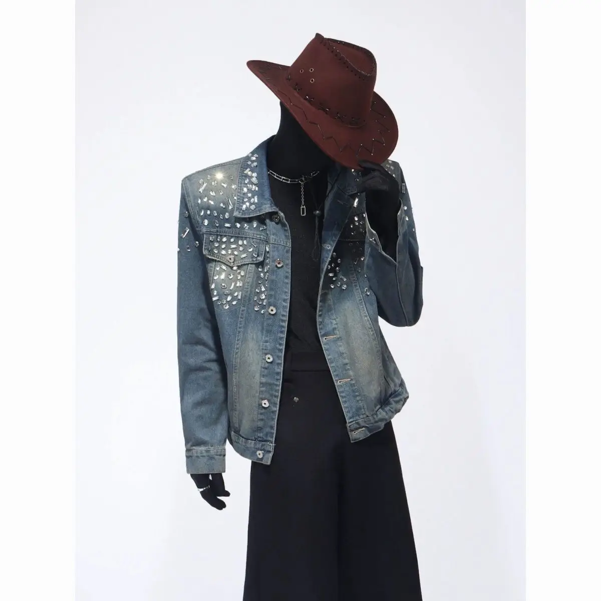 

American Retro Heavy Industry Diamond-encrusted Denim Jacket Men's Loose Casual Versatile Jacket