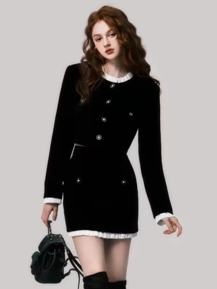 French Elegant Two Piece Velvet Skitr Set Women Autumn Winter long Sleeve Single Breasted Short Coat+A-line Mini Skirt Outfit