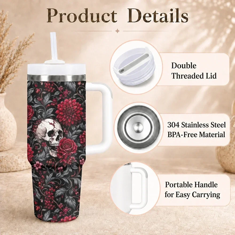 Skull Red Floral Gothic Pattern Vacuum Flasks 40oz Stainless Steel Insulated Tumbler with Handle & Straw Leakproof Travel Mugorders for other colors will be shipped randomly in black or white