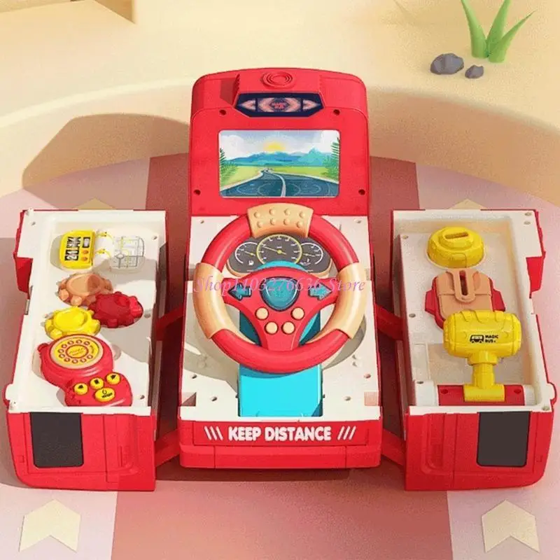 R6FD Electric Steering Wheel Toy Music Light Driving Transforming Bus Toy for Kids