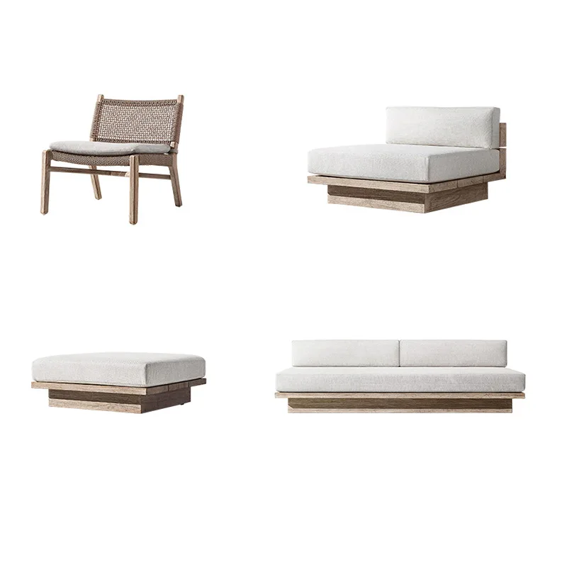 

Nordic outdoor teak sofa, courtyard villa hotel leisure sofa coffee table, solid wood terrace garden furniture