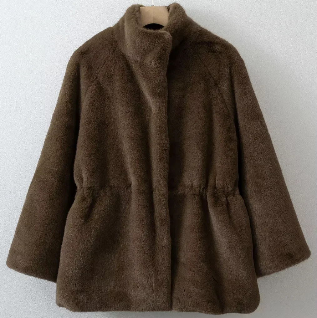 Women's Oversized Faux Mink Fur Coat with Drawstring Waist