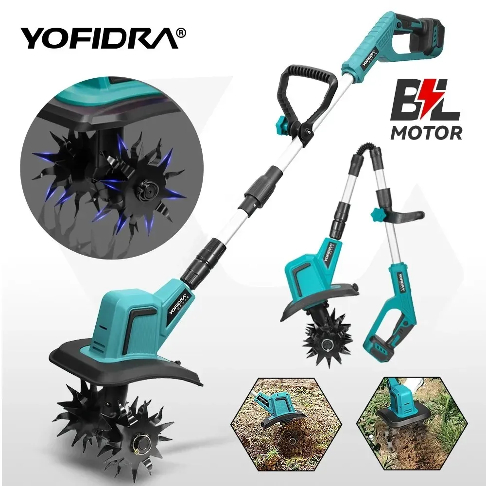 YOFIDRA Bürstenloser 1500W Elektro-Gartenfräser Rasenmäher Bodenfräse für Bodenbearbeitung Gartenwerkzeug für Makita 21V Akku